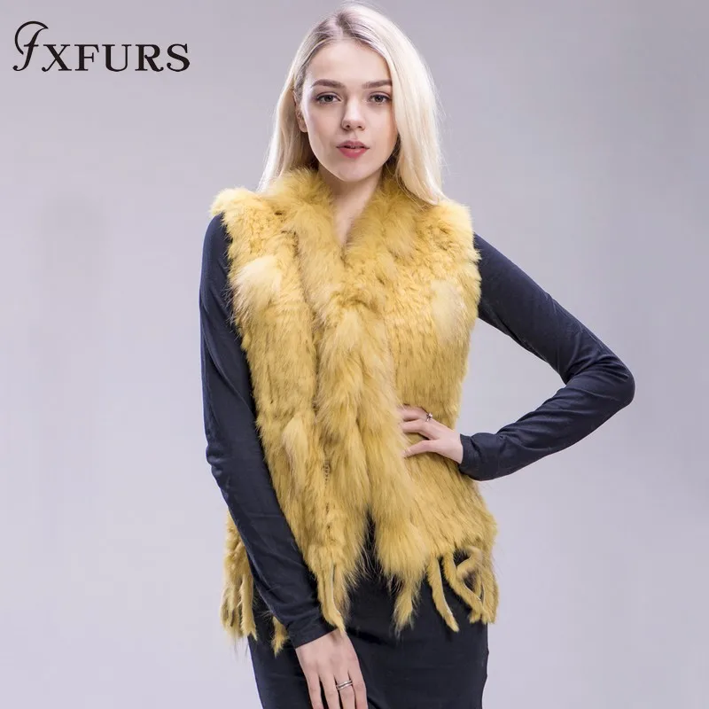 FXFURS из натурального кроличьего меха; вязаная жилетка; куртка из искусственного меха, красочные кролика, енота меховая вязаная жилетка 16 Цвета