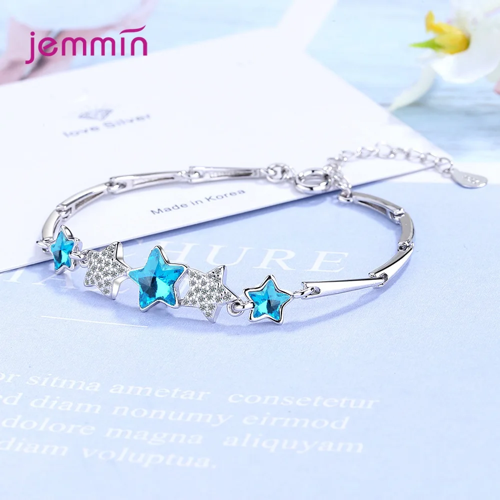 Изысканный браслет с синими кристаллами и блестящей звездой, 925 серебряные ювелирные изделия, модная ручная цепочка для женщин, регулируемый Теннисный браслет