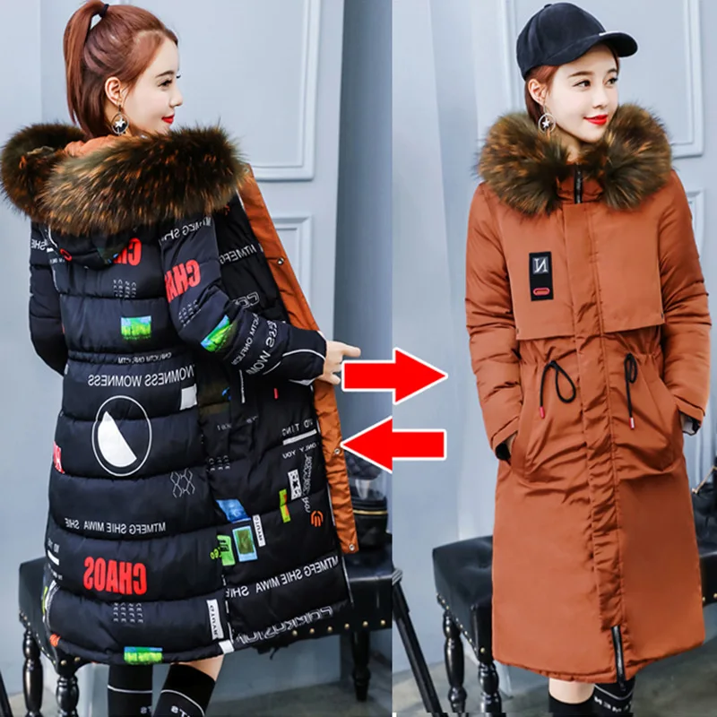 

Reversible Photo Shoot 2019 Winter Fat Mm Loose And Plus-sized down Cotton Clothes Women's Middle Long Coat Color Fur Collar
