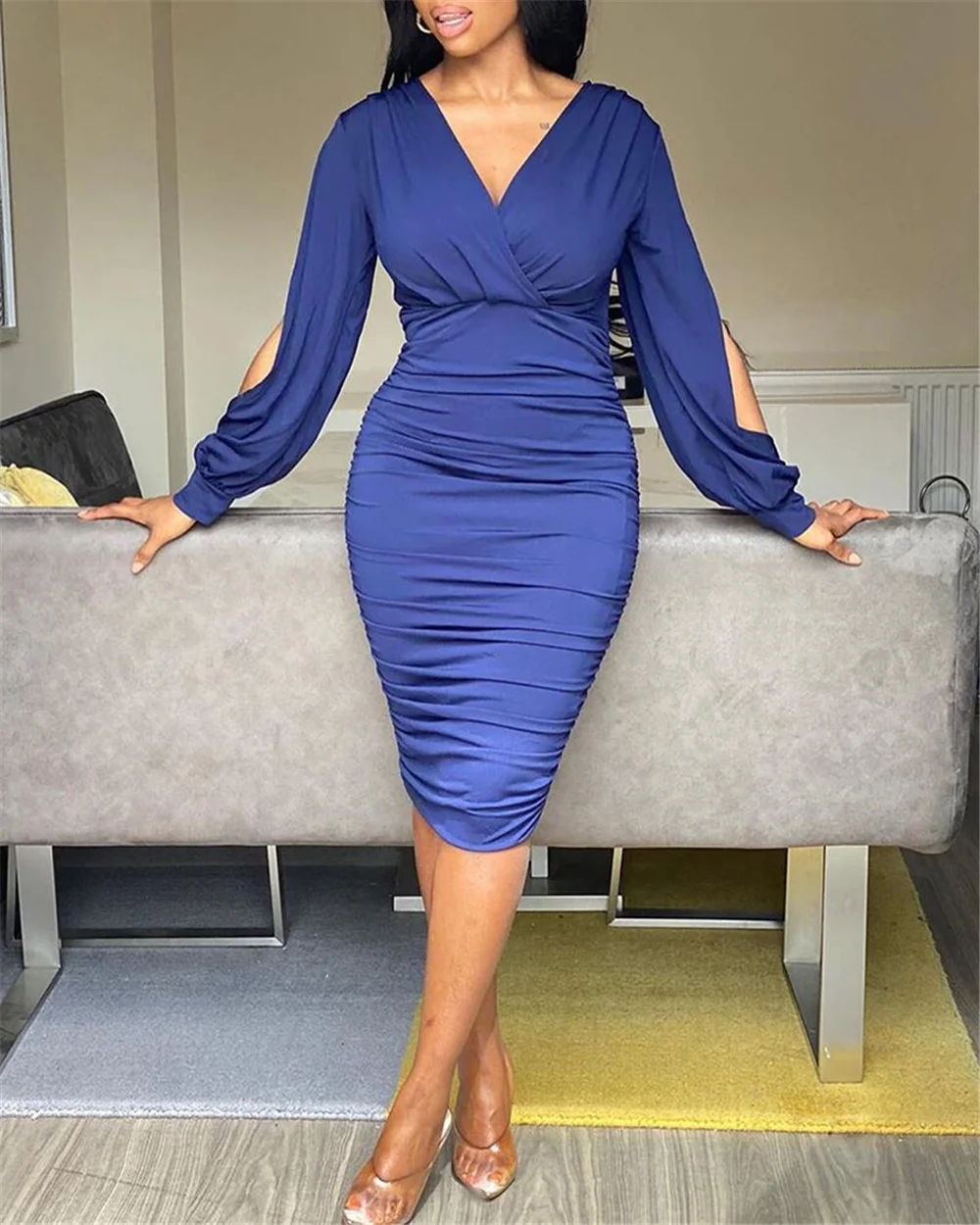 

Spring Stacked Dress for Women V Neck High Waist Puff Sleeve Women Dresses OL Plus Size Femme Robe
