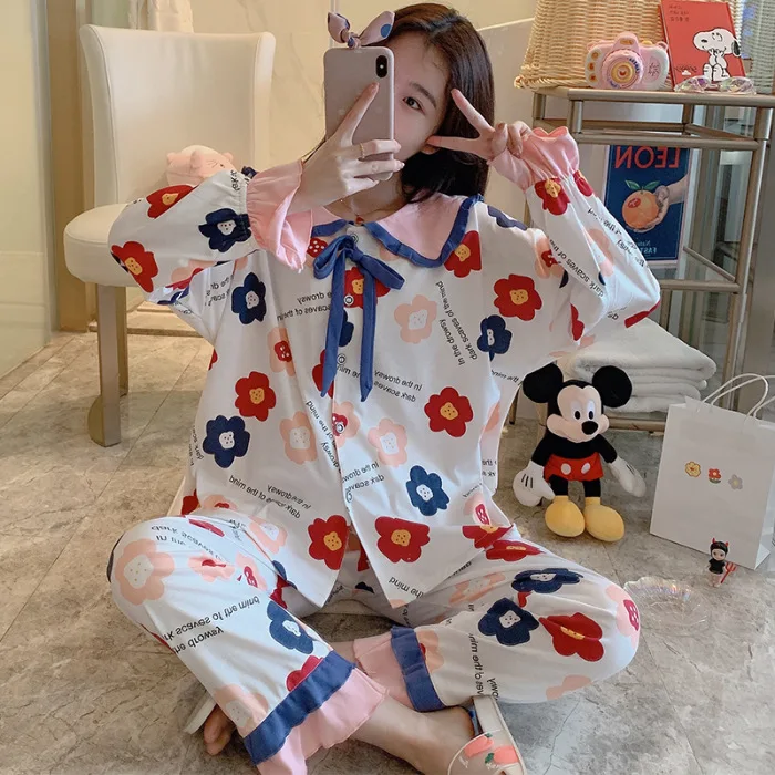 

Spring And Autumn Pajamas WOMEN'S Long Sleeve Combed Cotton Sweet Thin-Outer Wear Homewear Set Face Mask Free Send