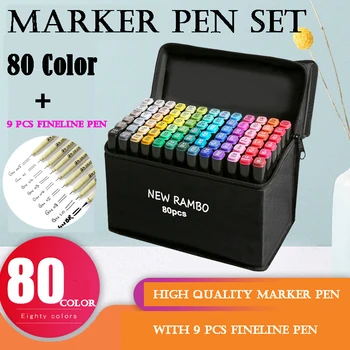 

Markers 80 Colors Dual Tips Alcohol Graphic Sketch Twin Pen With Bookmark Manga Drawing Art Supplies with 9 pcs FineLine Pen
