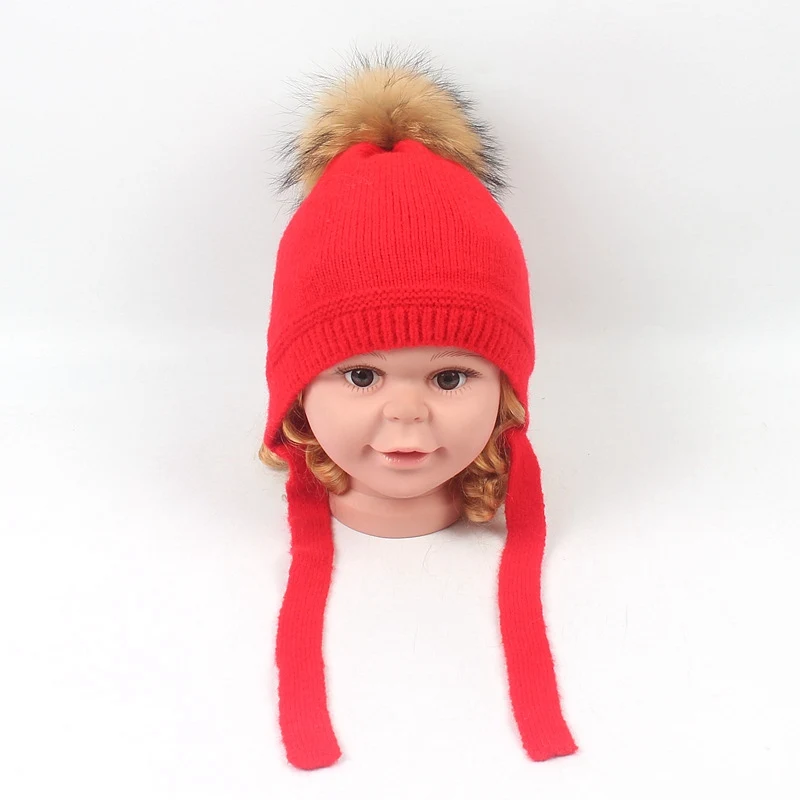 Детская осенне-зимняя теплая шапка с натуральным мехом для маленьких мальчиков и девочек, Chirtsmas, уличная енотовый помпон, шапки для детей, Kintted Nater, меховые шапки, От 1 до 5 лет - Цвет: red
