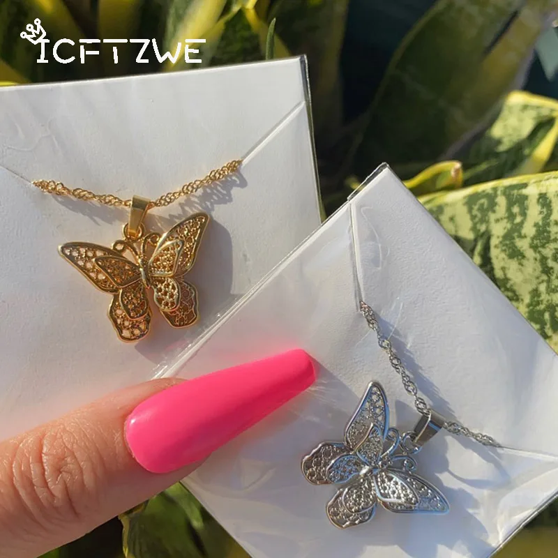 Butterfly Necklaces Stainless Steel Water Wave Chain Choker Pendant Necklace