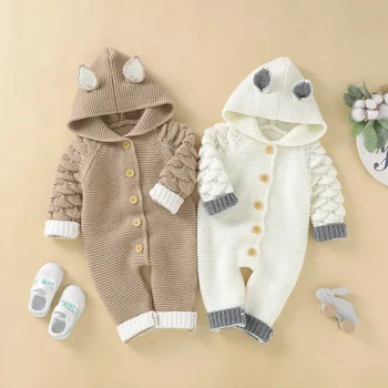 

Baby Knitted Romper Autumn Kids Knitting Outfit Winter Toddler Solid Hoodie Rompers Knitted Jumpsuit Single Breasted for Infants