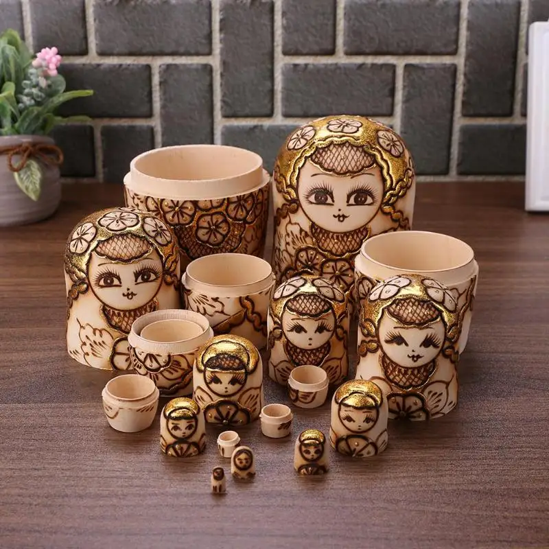 10 шт., Матрешка, русские куклы, липа, Креативные Куклы золотого цвета сливы, русская традиционная этническая стиль, унисекс, DIY куклы, gif