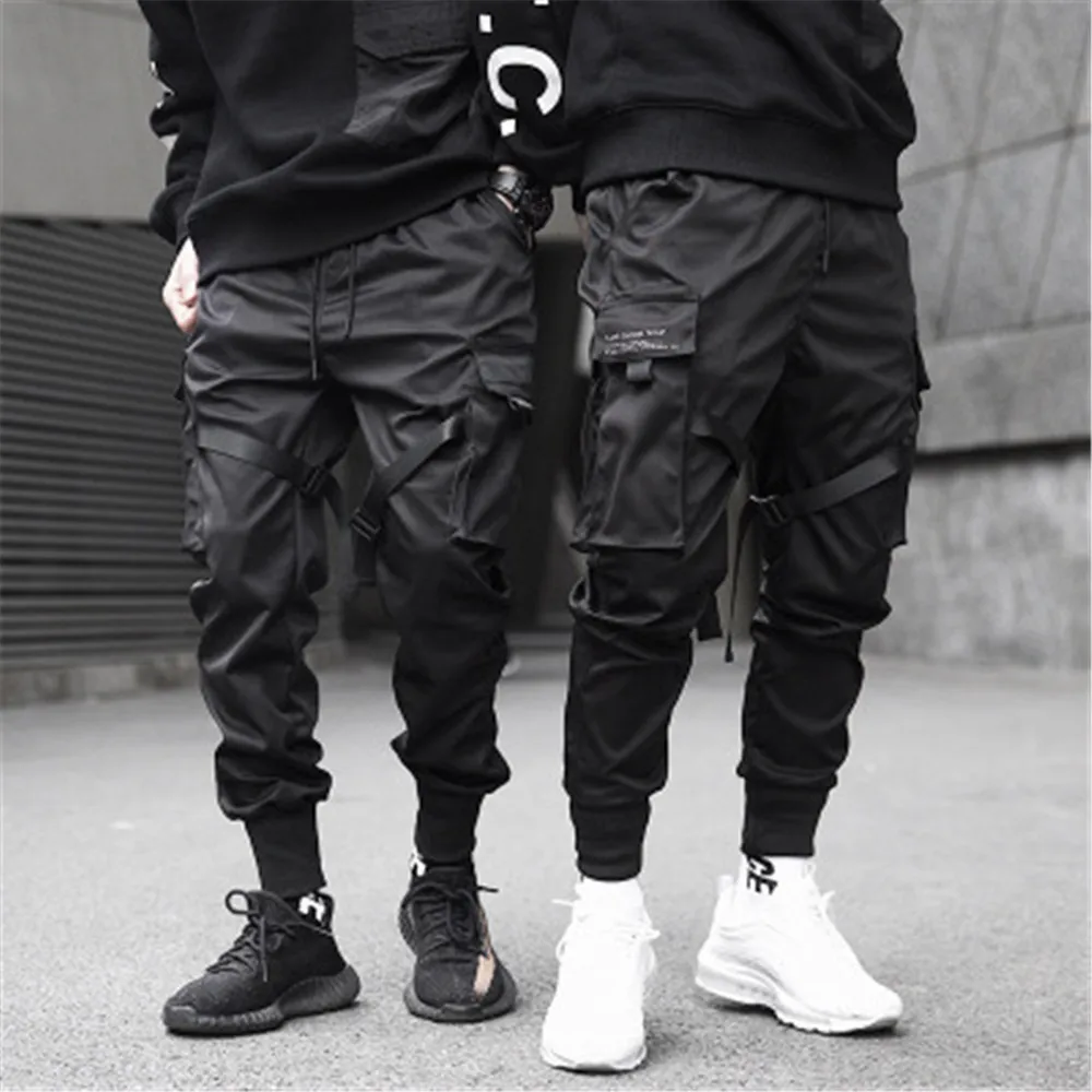 Мужские цветные черные брюки карго с лентами и карманами, шаровары для бега Harajuku, спортивные брюки в стиле хип-хоп, черные брюки для уличных танцев