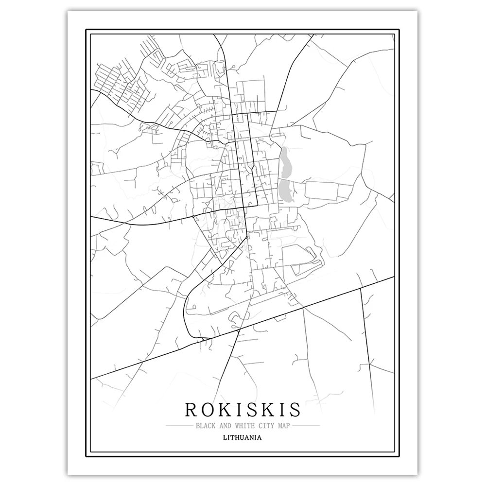 Литовский черный белый мир Карта города плакат Скандинавская гостиная Vilnius ROKISKIS настенные художественные картины Домашний декор холст живопись - Цвет: ROKISKIS
