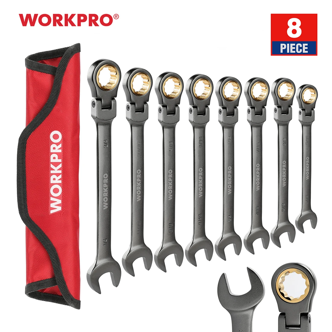WORKPRO 8PC Ratchet Spanner Set Flexible Head Ratcheting Wrench