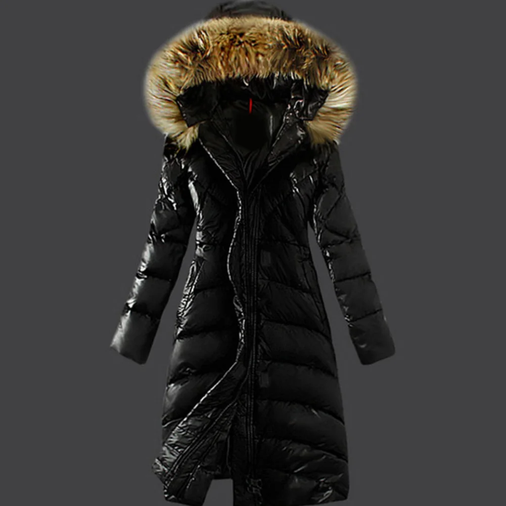Зимнее женское однотонное теплое тонкое хлопковое пальто с воротником из искусственного меха, длинный пуховик - Цвет: Черный