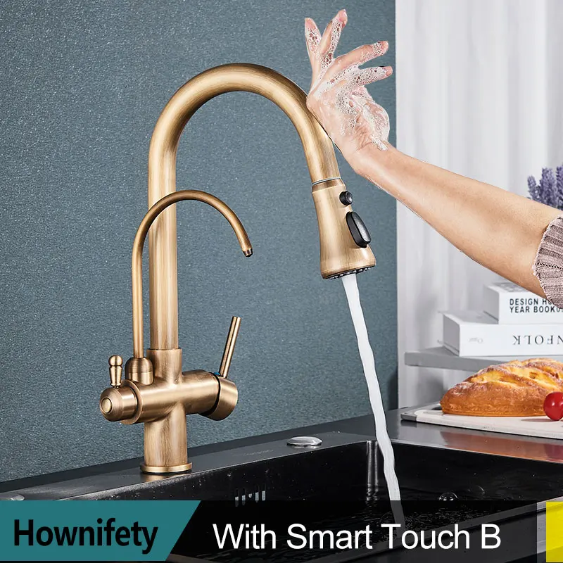 Hownifety Antique Brass Sensor Kitchen Faucets Cold Hot Water Filter Sink Mixer Crane Tap Pull Out Smart Touch Control Tapware ceramic kitchen sink Kitchen Fixtures