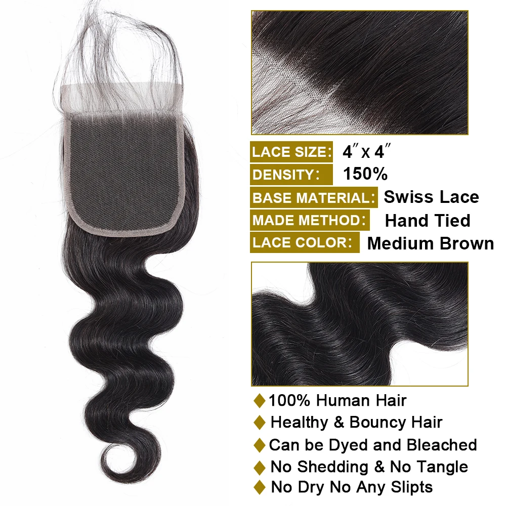 Uneed волосы перуанский объемная волна 3 Связки с закрытием 100% человеческих волос пучки с закрытием 1B Цвет Волосы remy ткань расширения