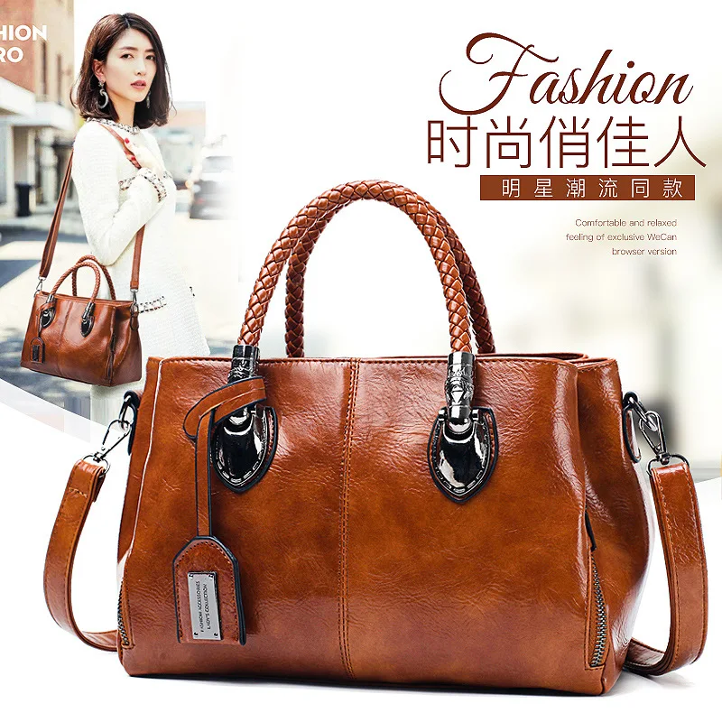 

2019 New Style Oil Wax Leather WOMEN'S Bag Europe And America Boston Soft Leather Large Bag Tote Bag Fashion