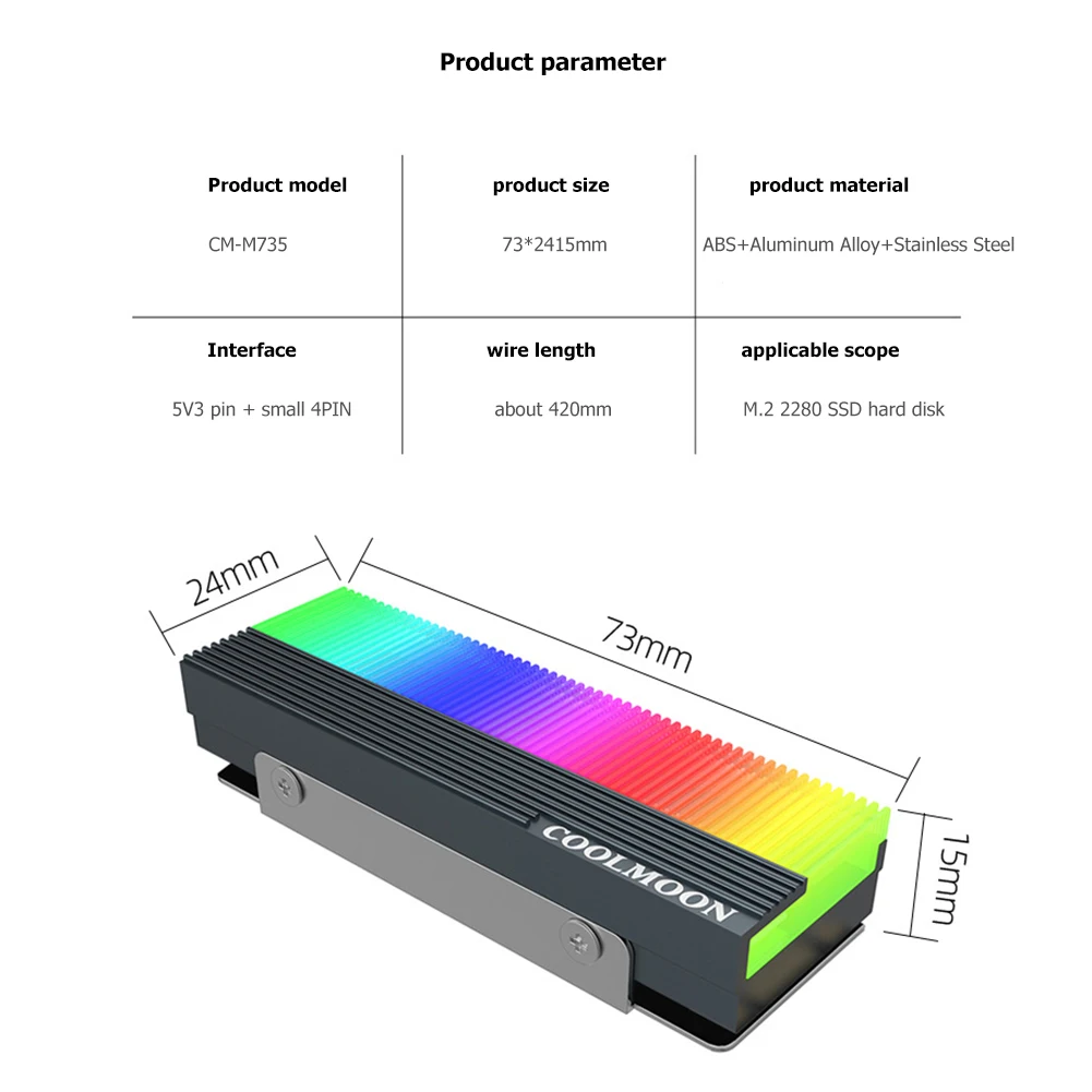 CoolMoon M2 SSD Heatsink with ARGB 5V 3Pin - NVME NGFF M.2 2280 Cooling Radiator Cooler Vest and Thermal Pad Description Image.This Product Can Be Found With The Tag Names Computer Cables Connecting, Computer Peripherals, PC Hardware Cables Adapters, Ssd heatsink