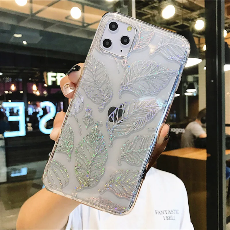 Ottwn для iPhone 11 чехол с блестящими листьями для iPhone 6 6s 7 8 Plus XR X XS 11 Pro Max покрытие Прозрачная мягкая крышка IMD
