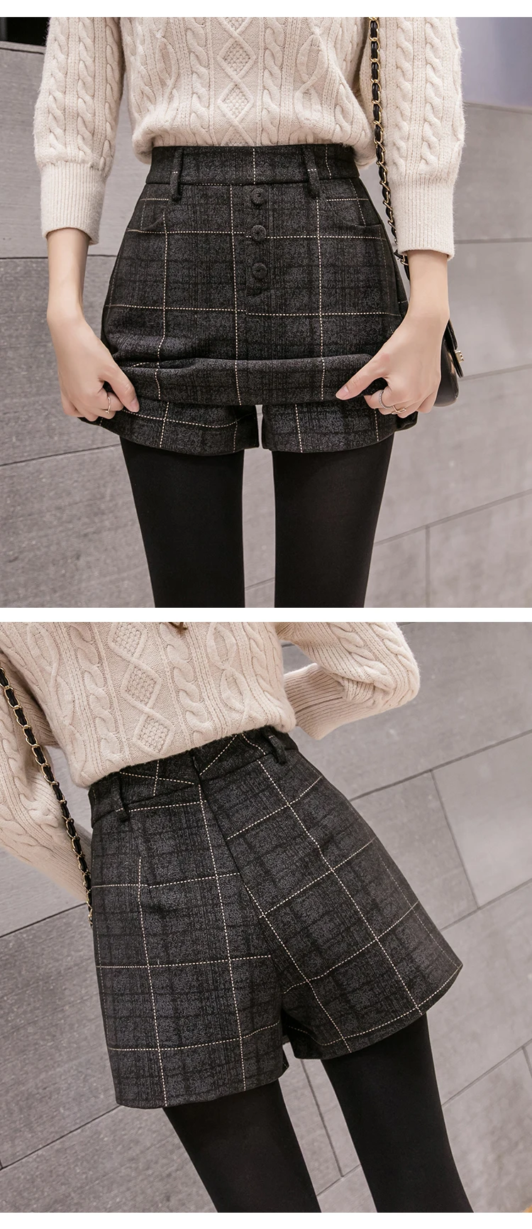 New Fashion Single Breasted High Waist Wool Shorts Skirts Womens Korean Style Plaid Woolen Shorts Woman Winter Boot Shorts