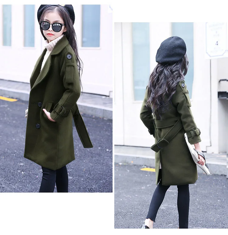 Autumn Spring Winter Trend Coats Girls Kids Clothes Long Overcoat Baby Big Girls Coat Khaki Green Pockets 2019 New Girls Tops