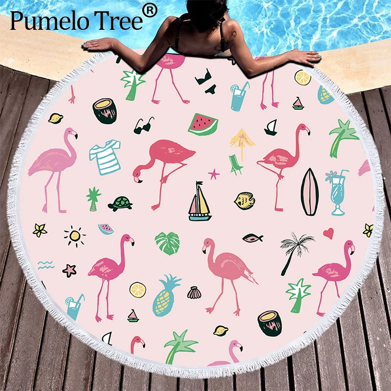 

Microfiber Beach Towel Strandlaken Flamingo Floral Large Round Beach Towel Summer Towel Tassels Picnic Yoga Mat Blanket Carpet