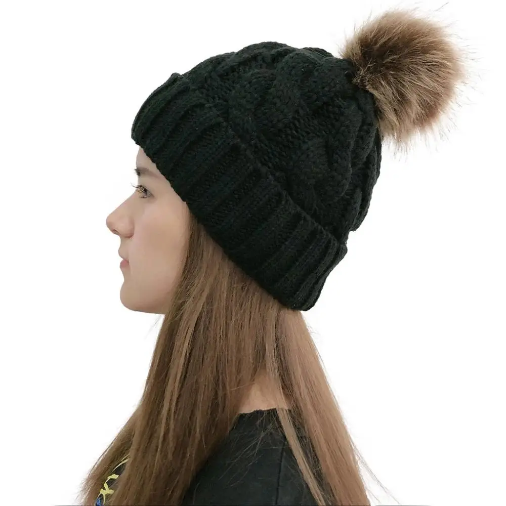 New Simple Winter Hat Wool Fur Beanie Outdoor Plush Ball HatsKnit Beret Beanie Cap Winter Skullies Warm Gorros Female Cap - Цвет: B