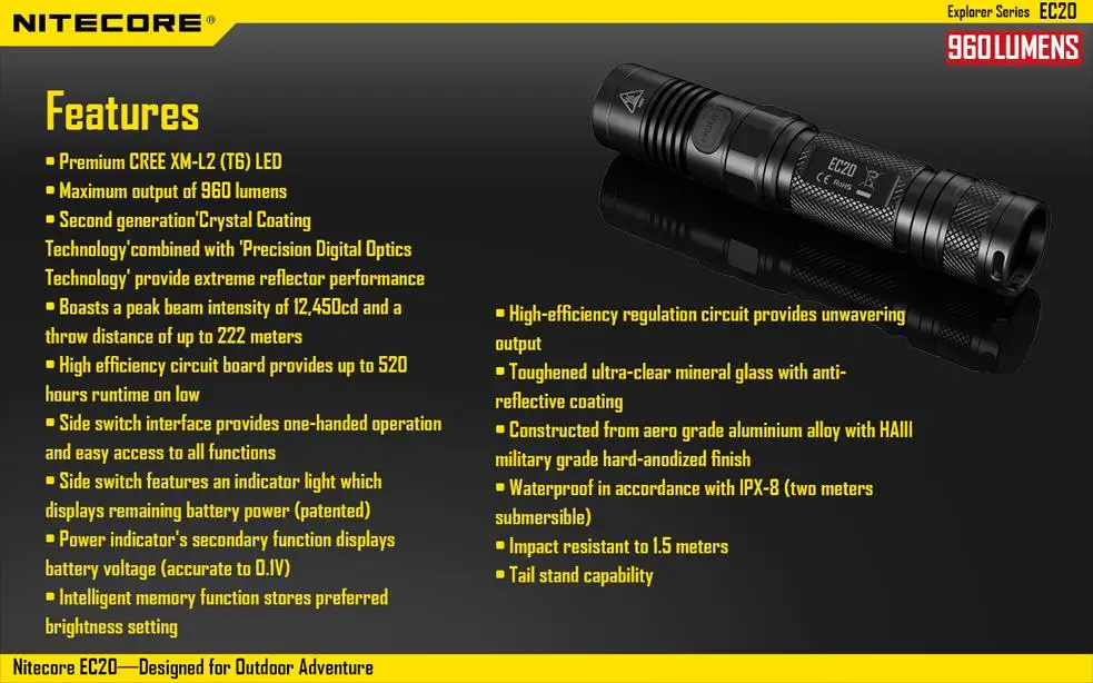 NITECORE EC20 ручной светильник для вспышки CREE XM-L2 T6 Макс 960 люмен луч бросок 222 м наружный фонарь для поиска reacue EDC светильник