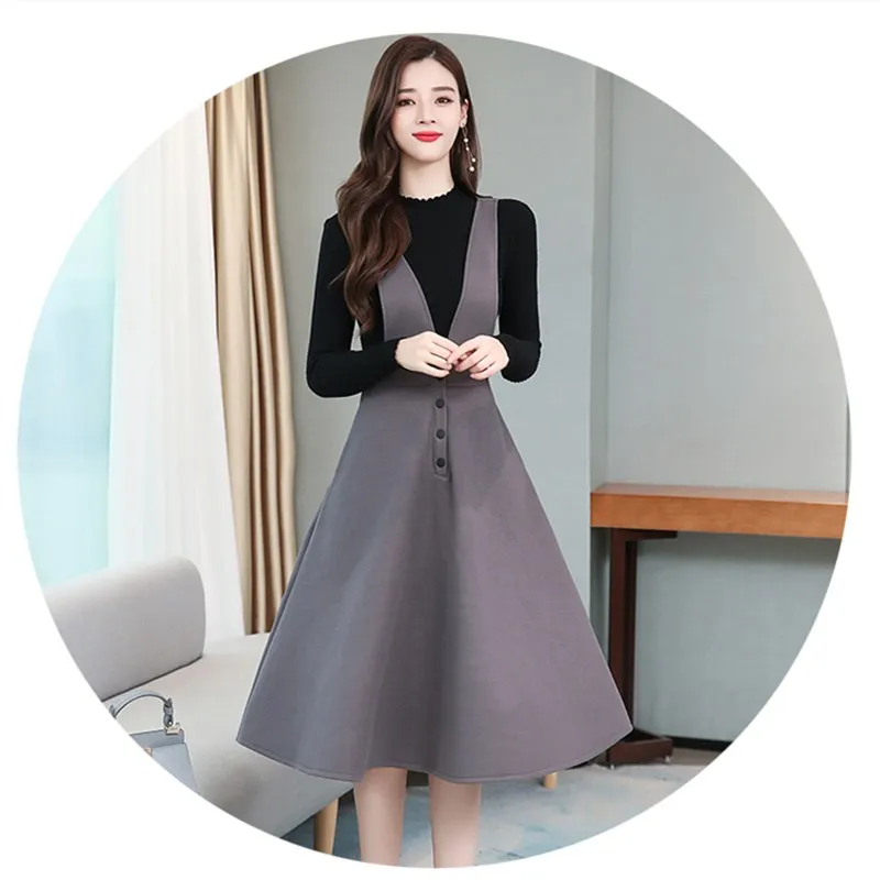 Gray dress set Осенне-зимнее шерстяное платье без рукавов женское платье-жилет средней длины с v-образным вырезом большого размера 3XL элегантное платье и комплект со свитером - Цвет: Gray dress set