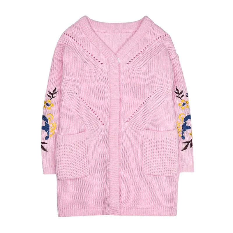 

2019 Autumn And Winter New Children's Jackets Big Embroidery Long Sweater V-neck Girls Cardigan European American Clothing