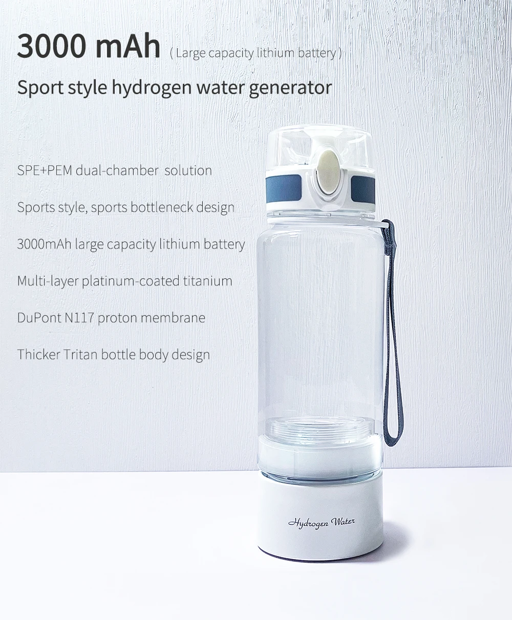 Description Picture 3 of itemUp to 3000ppb Sports Hydrogen Rich Water Generator Bottle 3000mAh Large Battery DuPont SPE/PEM Dual Chamber H2 Water Ionizer