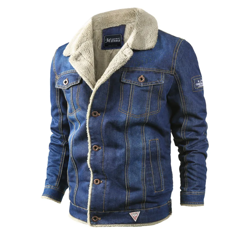 Mens Fleece Denim Jacket Winter Casual Warm Bomber Jackets Men Jean Jacket Coat Outwear Male Cowboy Cotton Solid Streetwear - Color: Light blue