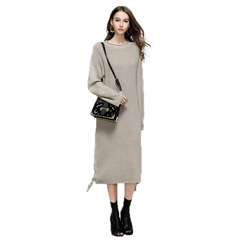 Autumn Long Sweater Dress Women Knitted Long Sweater Winter Loose Warm Sweaters Ladies Pullover O-neck Black Sweater Women - Цвет: MY0007Khaki