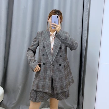 

Women Woolen Blends Blazer Suits Plaid Double Breasted V Turn Down Collar High Waist Sets Two Piece Skirt Shorts Sets WB9978
