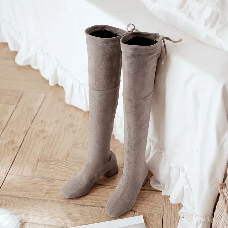 NASBAVI new Elastic Slim Fit Over The Knee Boots Women Winter thigh Lace up ladies mid heel Solid color long boot