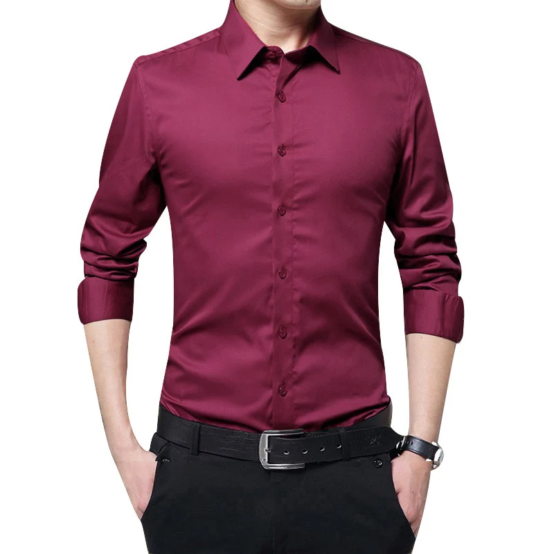 Популярные мужские рубашки с длинными рукавами облегающие однотонные рубашки для бизнеса, торжественных случаев на осень BVN66 - Цвет: wine red