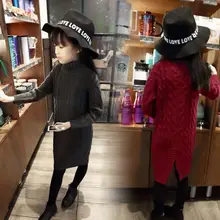 Осенне-зимнее вязаное платье-свитер для девочек, детские платья с высоким воротником и длинными рукавами для девочек, одежда для подростков, K98