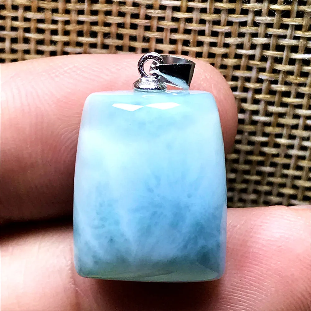 

Natural Blue Larimar Pendant Jewelry For Woman Man Crystal 16x13x8mm Beads Silver Dominica Water Pattern Rectangle Stone AAAAA