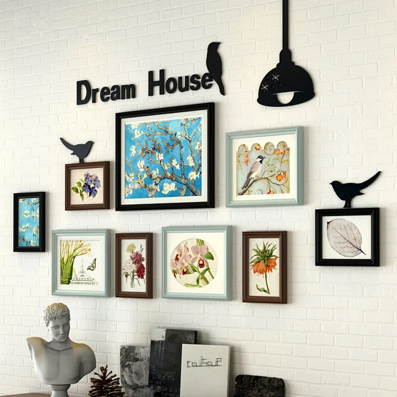 

9 pcs/set Photo Frame With Letter Bird Lamp Decoration Creative DIY Art Picture Frames Wall Photo Frame Retro Background Marco
