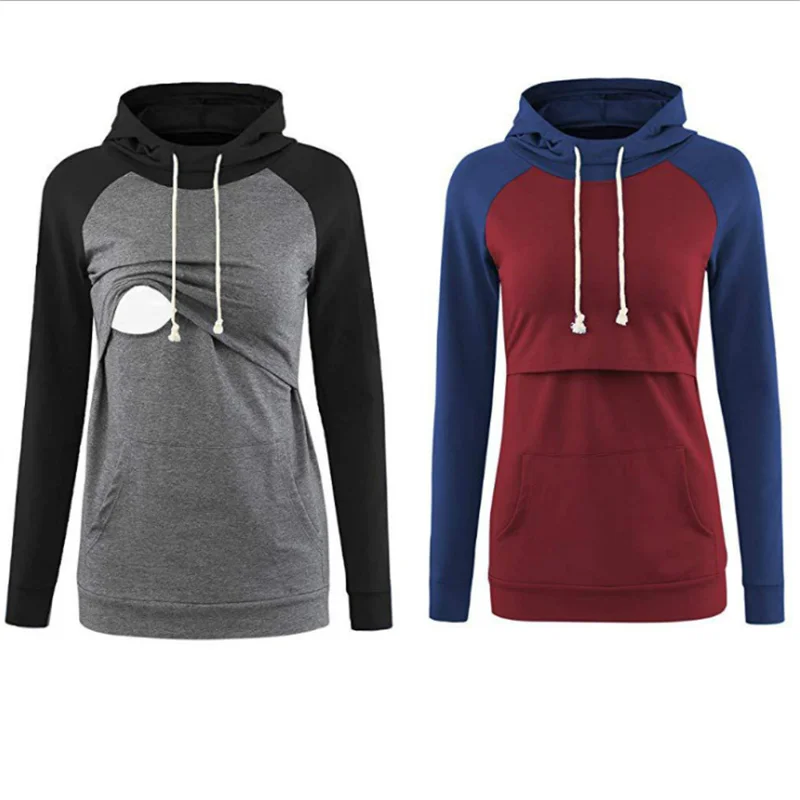 Loose hoodie for lactating pregnant women with hats and color splicing for pregnant women pregnancy clothes for winter gestante