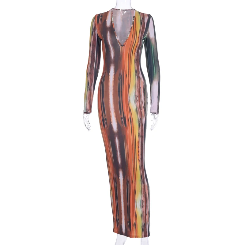 Colourful V-Neck Bodycon Long Dress-0