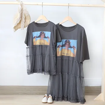 

Family Matching Outfits Gray Mesh Lace Short Sleeve Dresses Mother and Daughter Loose Dress