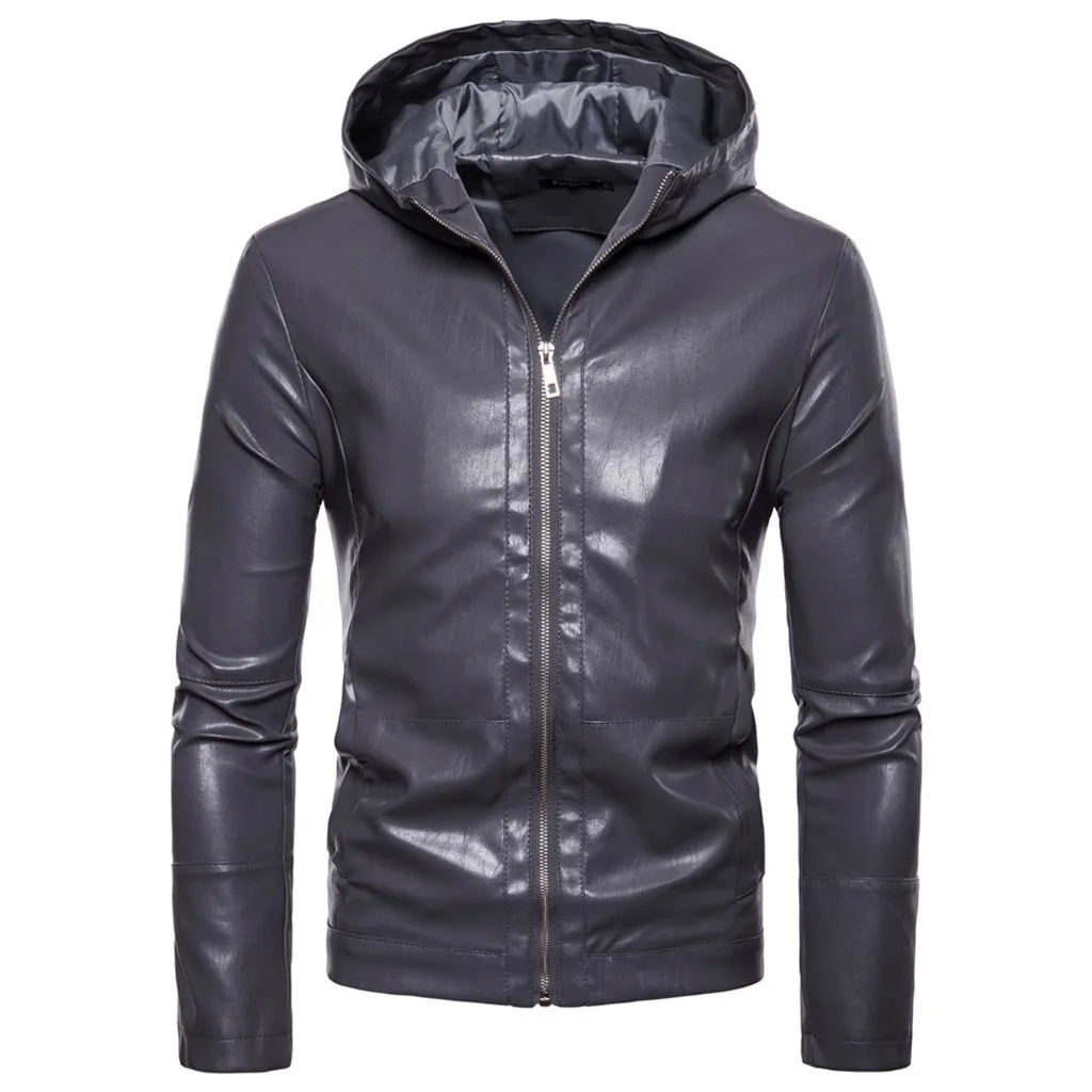 Мужская кожаная куртка зимняя водонепроницаемая приталенная куртка из искусственного меха мужские кожаные мотоциклетные куртки одежда с капюшоном черная куртка на молнии - Цвет: Серый