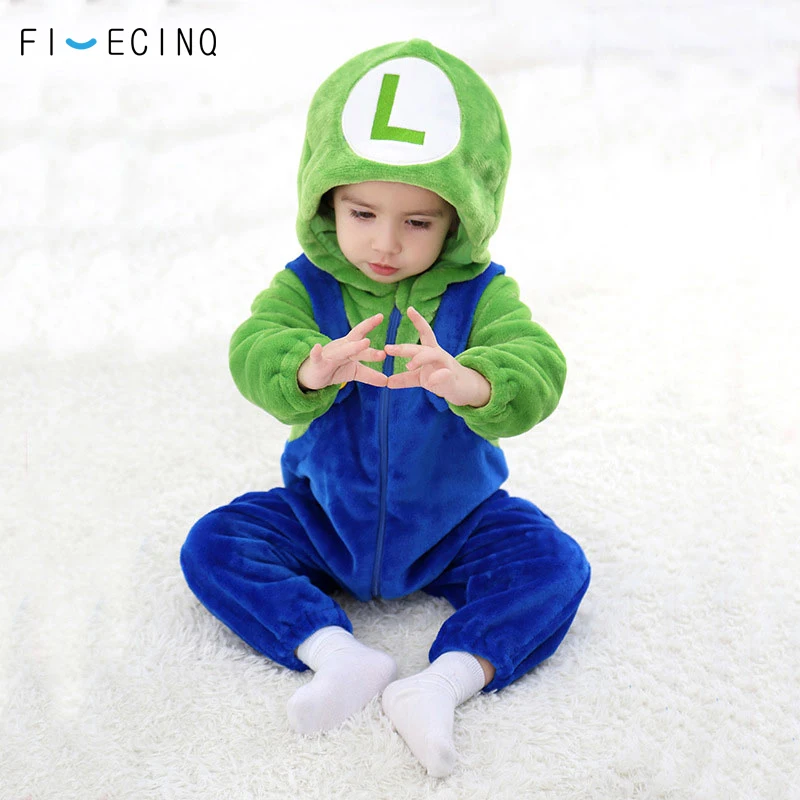 Baby Costume Mario Luigi Cosplay Costumes Little Boy Girl Warm Sleepwear Jumpsuit Hooded Anime Halloween Festival Gift Kids Suit