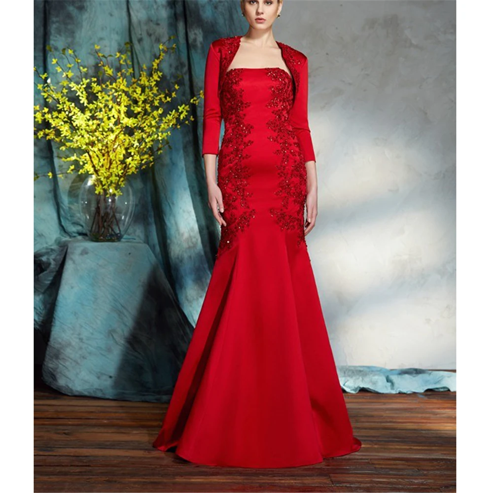 red Красный атлас Vestidos De Fiesta de Noche без бретелек Аппликация из бисера Русалка ручной работы мать невесты платья с жакетом - Цвет: red