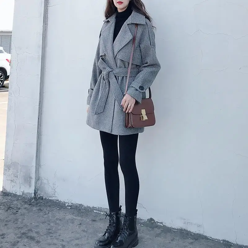 Женское саржевое шерстяное пальто тонкий пояс куртка