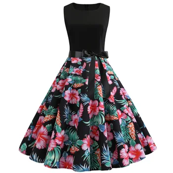 

Photo Shoot Currently Available Hot Selling Eaby Amazon Sleeveless Vintage Printed Big Hemline Dress with Belt 5287