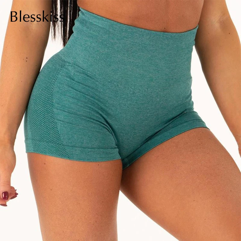 Blesskiss Seamless Gym Yoga Shorts High Waist Fitness Sport Shorts Women Spandex Ladies Sexy Scrunch Butt Workout Short Leggings