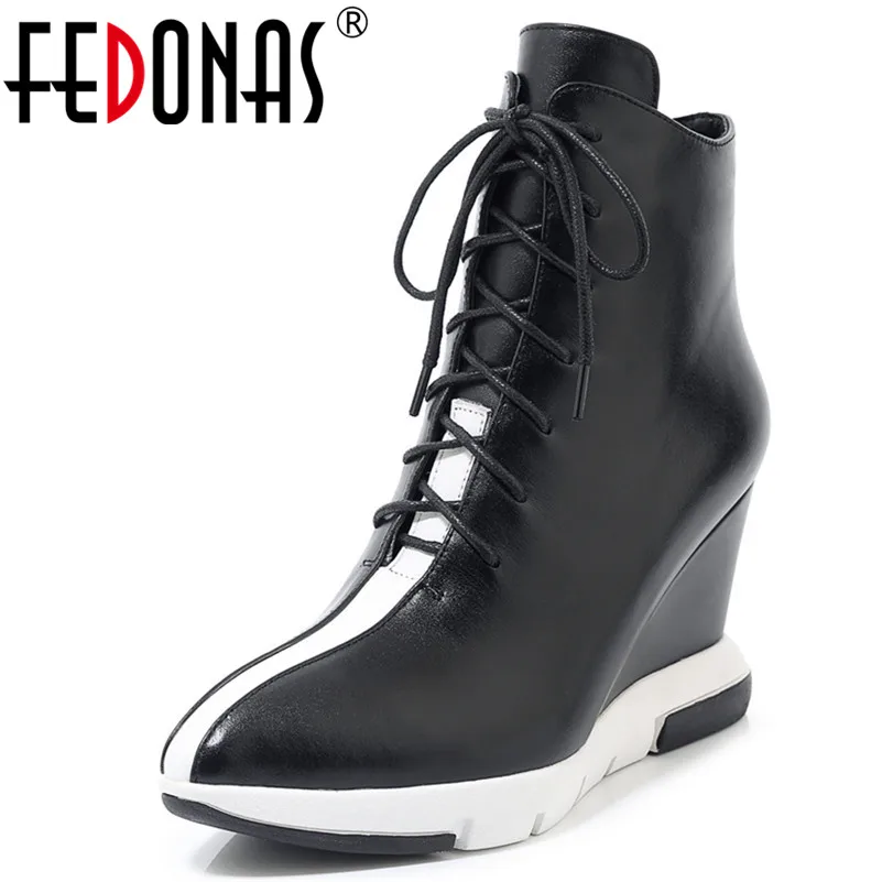 

FEDONAS Women Elegant Wedges Ankle Boots Winter Warm Cross Tied Genuine Leather Short Boots Vintage High Heels Party Shoes Woman