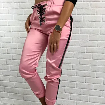 

Women Ankle-length Trousers 2019 Autumn Fashion White Stripe OL Casual Lac-up Fashion Slim Comfy Pants