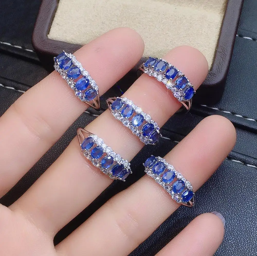 shilovem 925 silver sterling real natural sapphire Rings fine Jewelry wedding bands new gift open ring 4*5mm jcj0405999agl