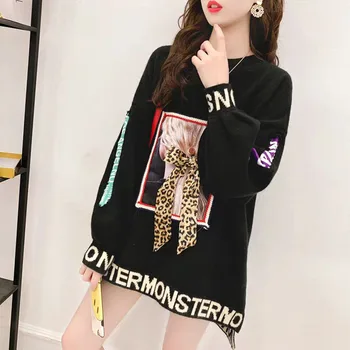 

Women Korean Style Letter Sweater 2019 Autumn Winter Leopard Bow O-neck Loose Knitted Pullover Feamlle Jumper Tops