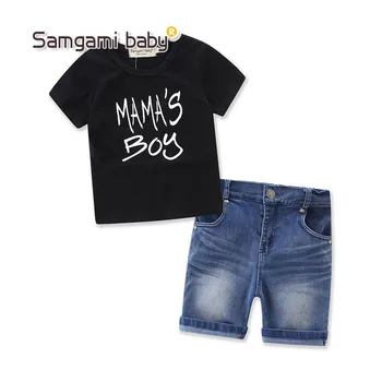 

2020 Boys Short Sleeve Set Summer Letter Black T-Shirt + Jeans Two-Piece Set