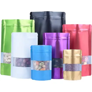 

100PCS Ziplock Bag Aluminum Foil Resealable Mylar Stand Up with Window Tea Nut Storage Pouches for Food Grocery Packaging Bags